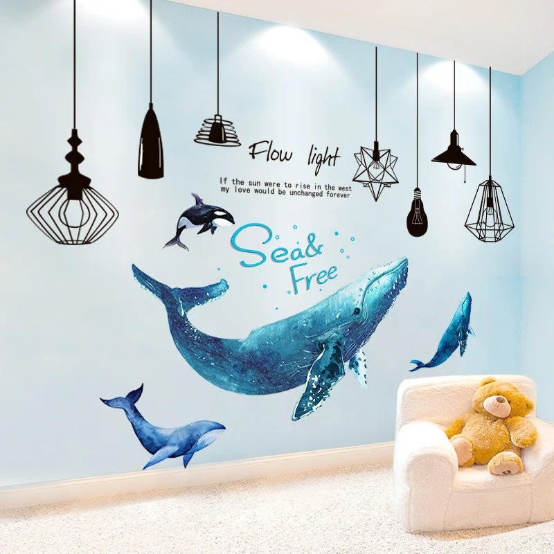 

[shijuekongjian] Black Chandelier Wall Sticker DIY Blue Whale Animal Wall Decals for Living Room Kids Bedroom House Decoration