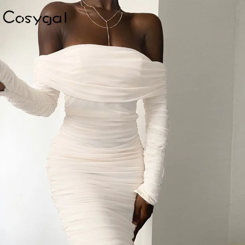 Женское двухслойное платье с открытыми плечами длинным рукавом и рюшами|Женские