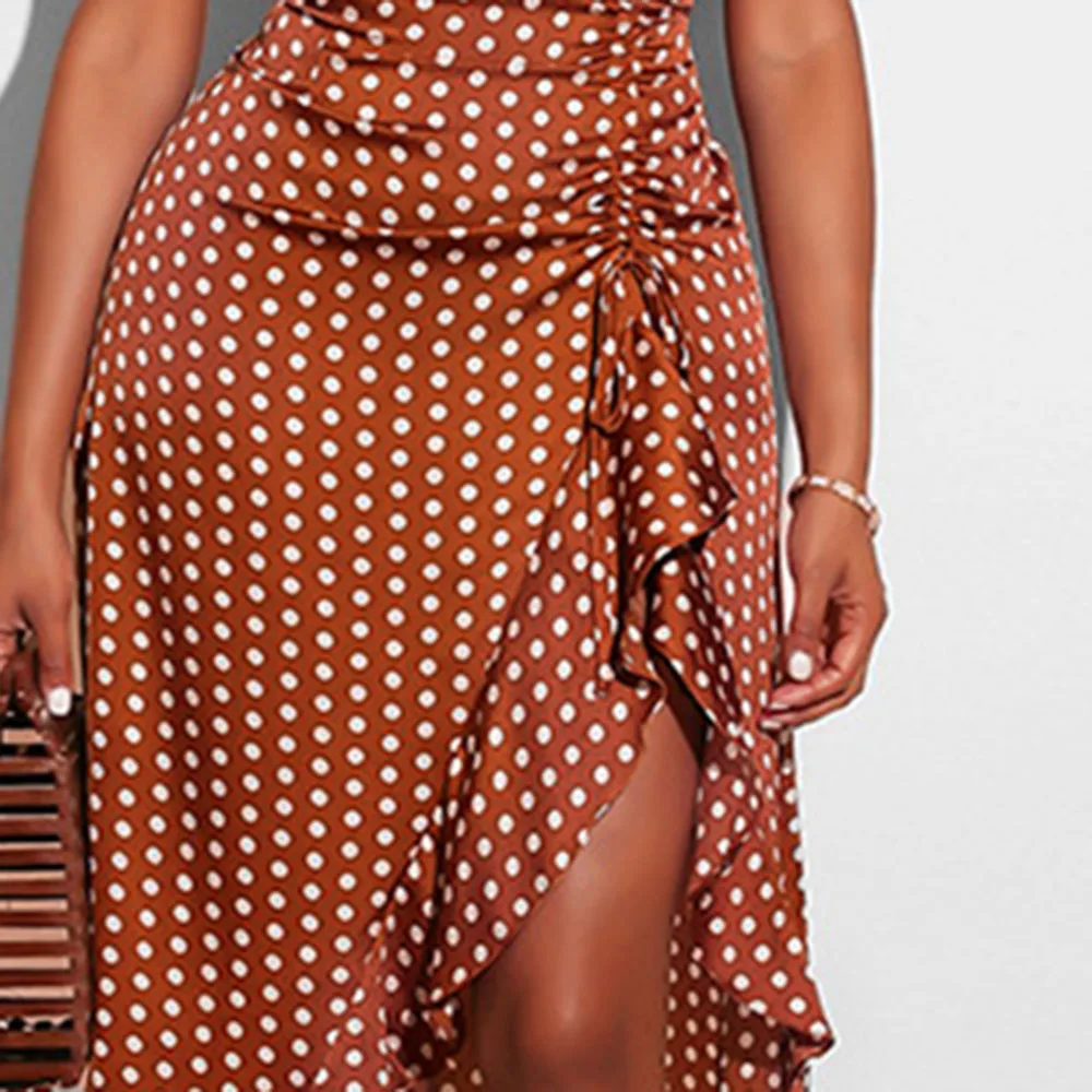 Асимметричная оборками Винтаж в горошек платье сексуальное без рукавов С