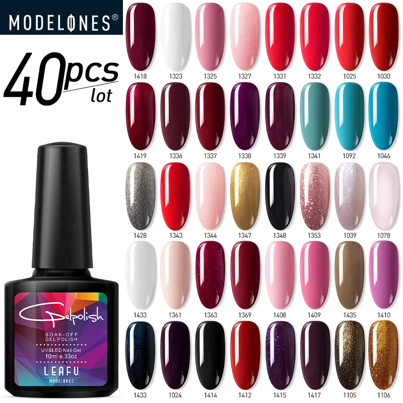 

Modelones 40Pcs/Lot Nail Gel Set 40 Colors Soak Off Base Top Coat Semi Permanent Nail Art Manicure Kits Glitter Color Nail Gel