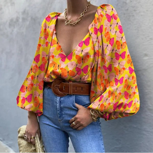 

Spring Sexy Deep V Neck Ladies Blouse 2021 Long Sleeve Floral Print Off Shoulder Tee Tops Casual Loose Summer Blusas Streetwear