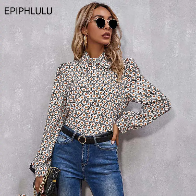 

Spring Bow Chiffon Blouse Women Long Sleeve Vintage Blouse Shirt Female Print Shirts for Women Office Lady 2022