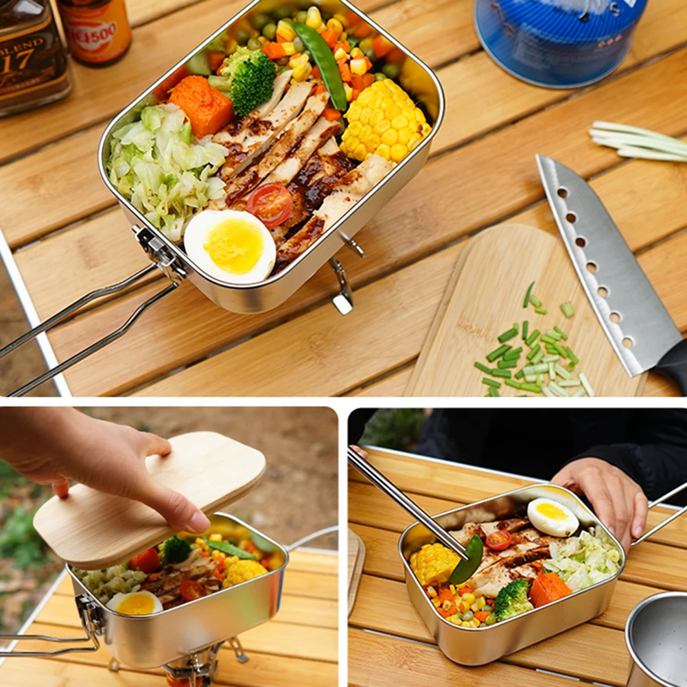 

Dual Use Stainless Steel Lunch Box with Bamboo Wooden Cutting Board Cover Outdoor Camping Hiking Picnic Supplies