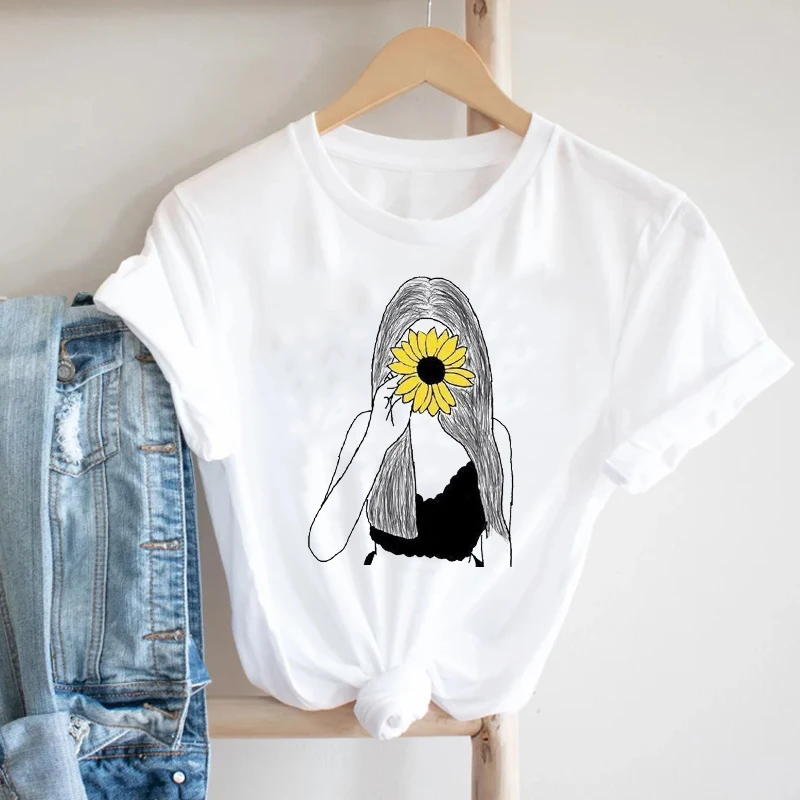 

Women Short Sleeve Floral Ladies Sunflower Elegant Spring Summer 90s Fashion Clothes Print Tshirt Female Tee Top Graphic T-shirt
