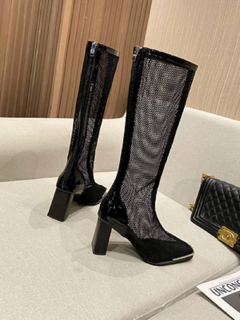 

Hot Sale Ladies Martin Boots Summer Thin Fashion Mesh Gauze Hollow Comfortable High Heel Temperament Long Barrel Knight Boots.