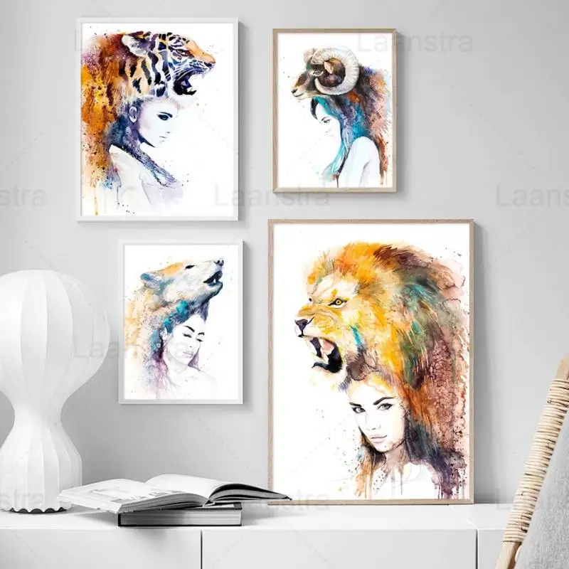 

Watercolor Canvas Painting Woman Animal Head Bear Tiger Lion Antelope Abstract Wall Art Modern Home Decor Posters and Prints