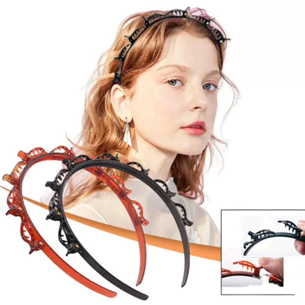 

Double Layer Twist Plait Headband Hollow Woven Headband with Clips Fashion Braided Headbands Double Bangs Hairstyle Hairpin