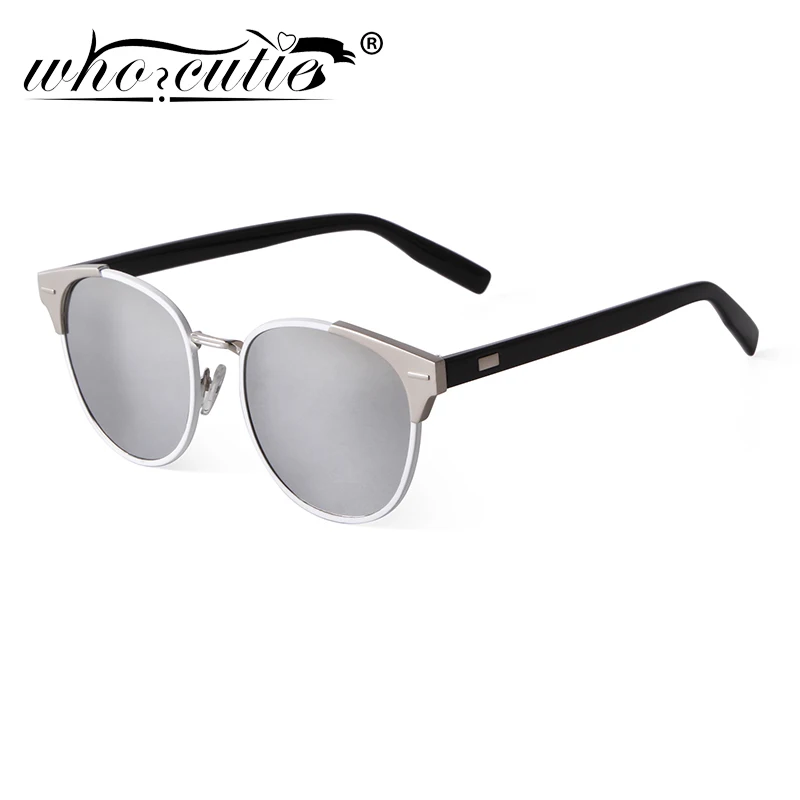 

WHO CUTIE, новинка, модные зеркальные линзы, солнцезащитные очки для мужчин, для вождения, крутая Металлическая оправа, очки для женщин, кошачий ...