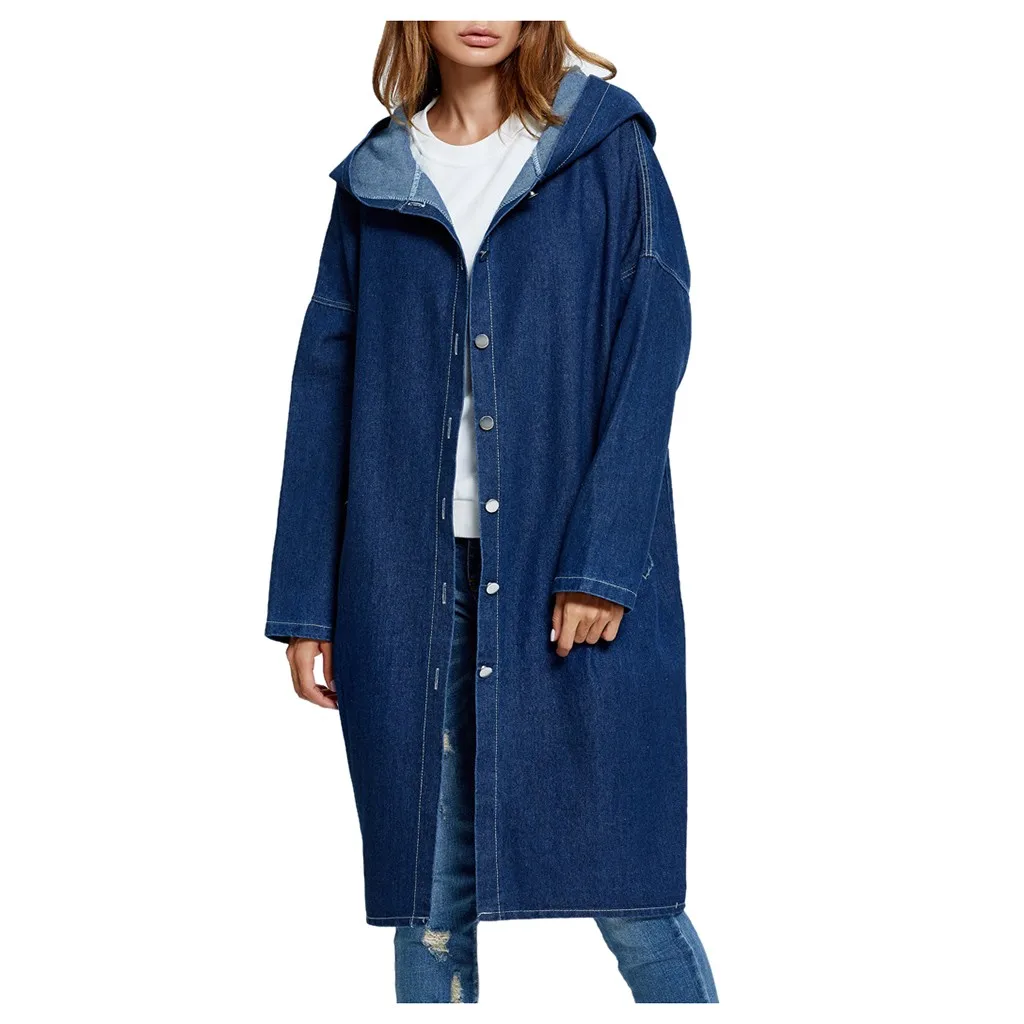 Женская джинсовая куртка с капюшоном теплая длинная Базовая ветровка большого