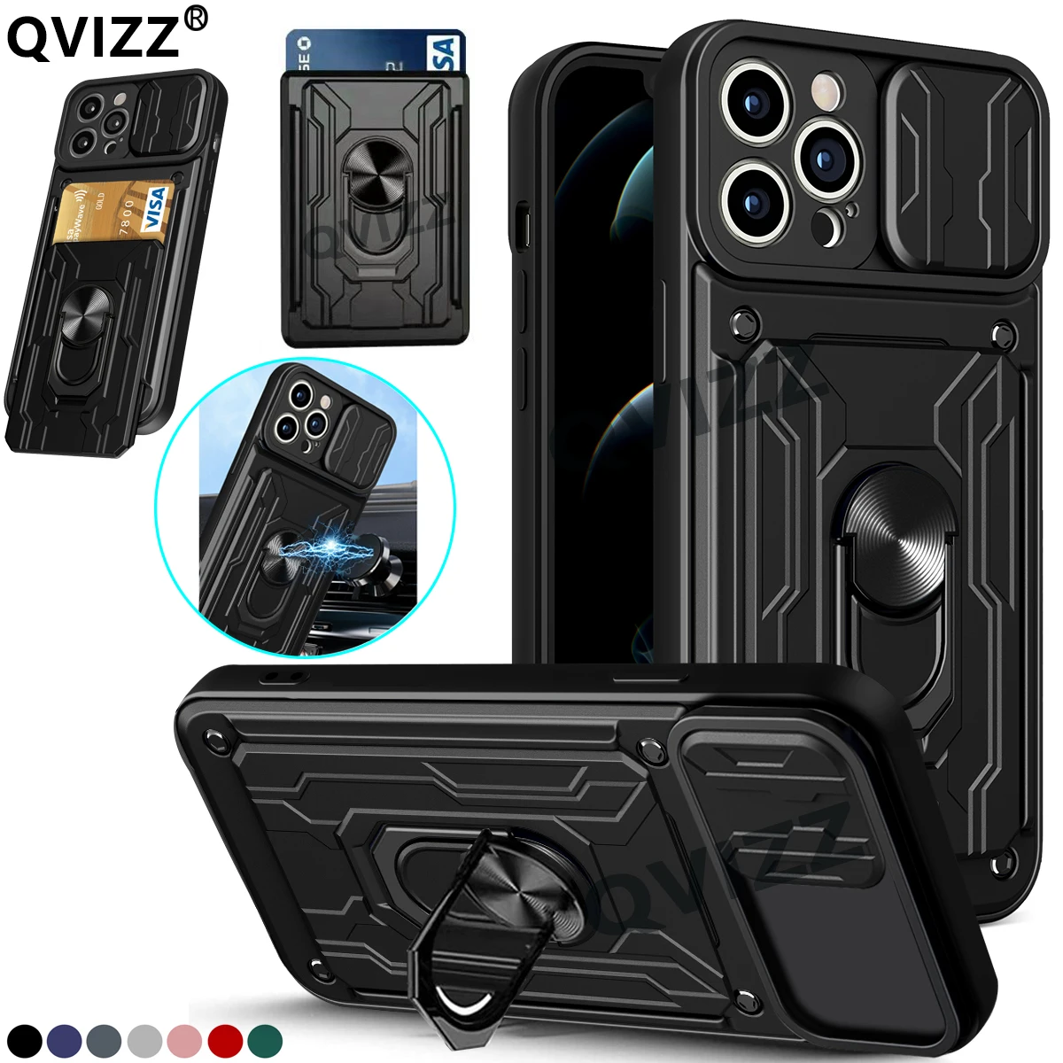 Card Pocket Case For iPhone 13 Pro Max 11 12 Pro Max XR XS Max 8 7 6S Plus SE 2 All-inclusive Slide Camera Wallet Bracket Ring