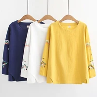 embroidery blouse women linen t shirt long sleeve ladies plus size top tunics o neck solid color casual clothes 2021 autumn new