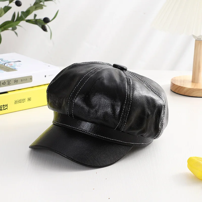 

New Hats For Women Octagonal Hat Faux Leather Korean Art Painter Caps Wild Retro Beret Outdoor Personality Female Hat