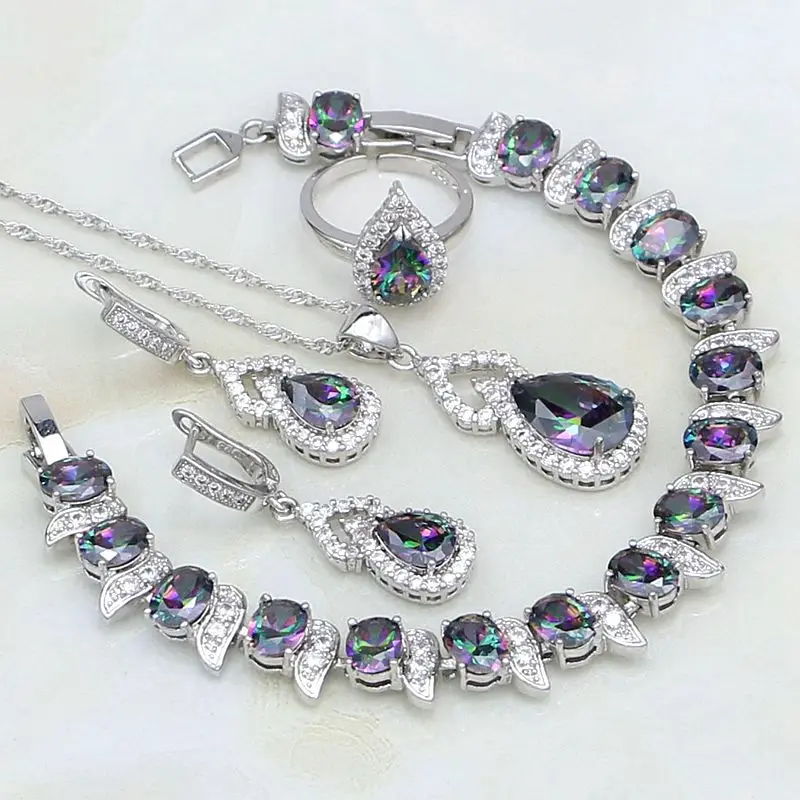 Gourd Мистик Радуга Кристалл Белый Циркон 925 серебряные ювелирные наборы для женщин