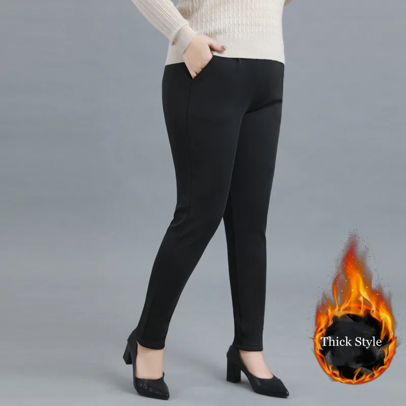 

Women Fleece Leggings Pants 2021 Autumn Winter Thick Fleece Lined Thermal With Pocket Legins Femme Black Plus Size 7xl 6xl 5xl