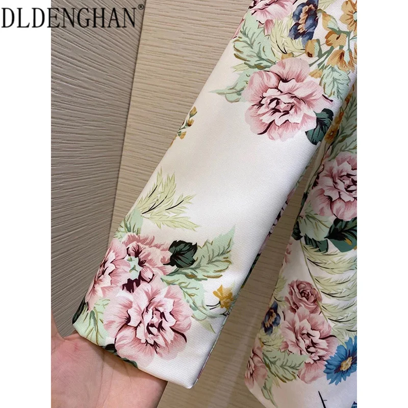 

DLDENGHAN Fashion Flower Print Suit Women's Turn-Down Collar Coat + High Waist Long Trousers Two Piece Set Designer Autumn New