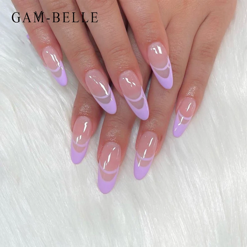 

GAM-BELLE 24 шт. Лавандовые полуфранцузские накладные ногти Длинные овальные полное покрытие глянцевые Искусственные Поддельные Типсы для мани...