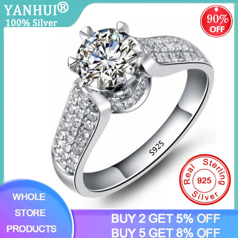 

YANHUI 100% Original 925 Solid Silver Bright 1 Carat Zirconia Diamond Wedding Rings For Women Delicate Engagement Lover Rings