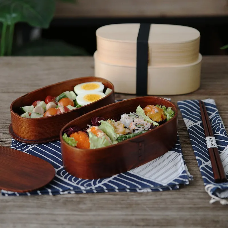 

Japanese Style Lunch Bento Box Wooden Double-Layer Dinnerware Workers Students Picnic Salad Portable Round Container Tableware