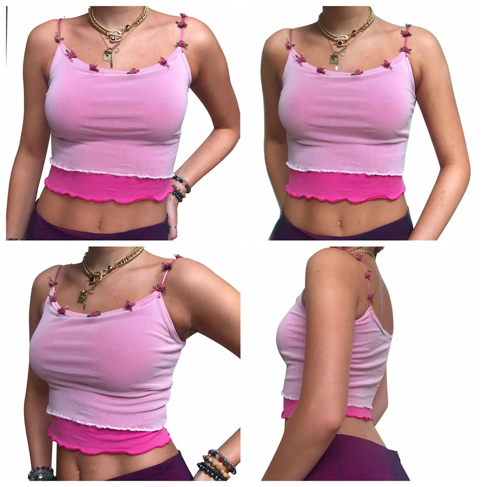 

Ladies Summer Sexy Midriff-baring Camisole, Girls Flower Decoration Double Layer U-neck Sleeveless Top Slim Base Shirt
