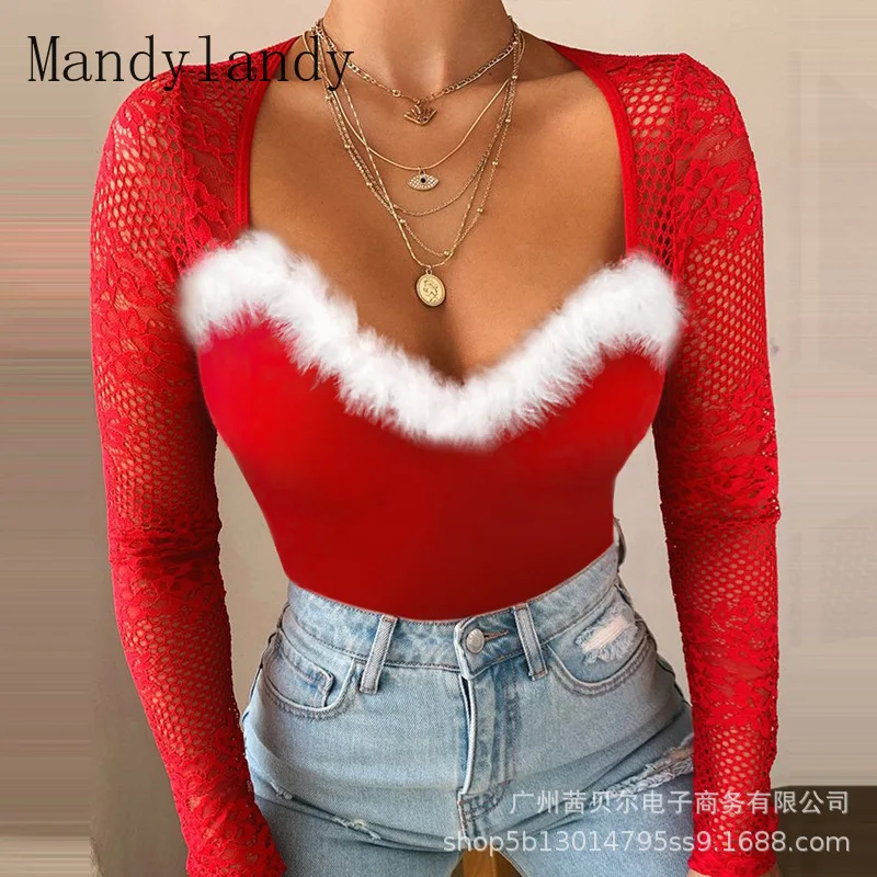 

Mandylandy Bodysuits Summer Long Sleeve V-neck Hollow Out Stitching Bodysuits Women's Sexy Long Sleeve Lace Slim Bodysuits
