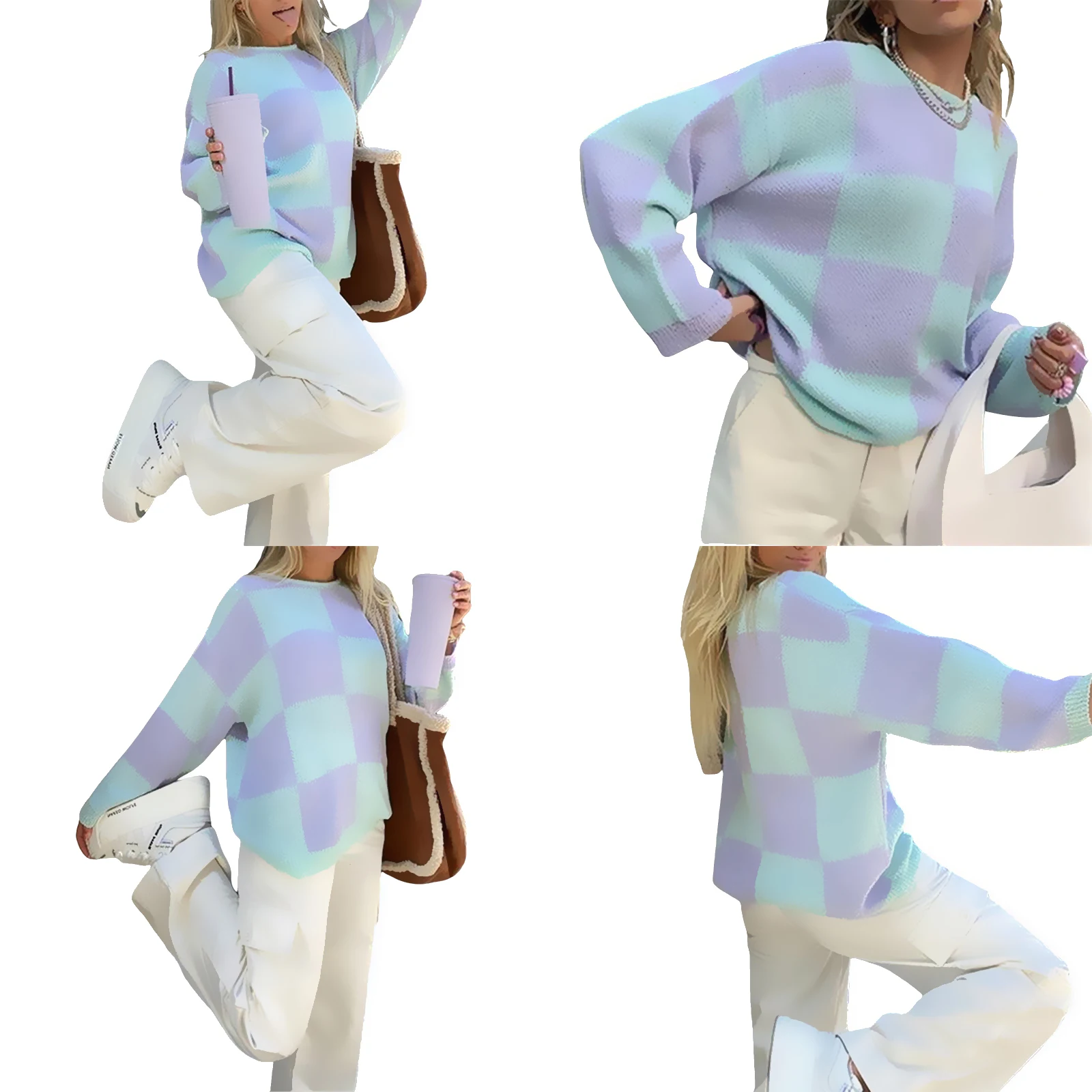 

Long Sleeve Knitwear Breathable Girls 2021Autumn Winter Ladies Double Color Plaid Round Collar Loose Knitted Tops Casual Sweater