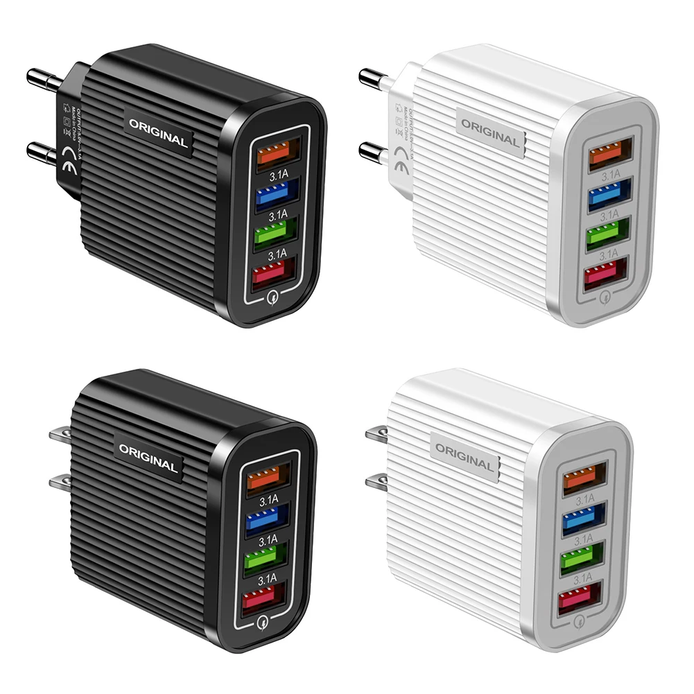 

Quick Charge Adapter EU/US Plug USB Charger Portable Travel Charger 4 Port 3.1A Fast Wall Chargers For Universal Mobile Phone