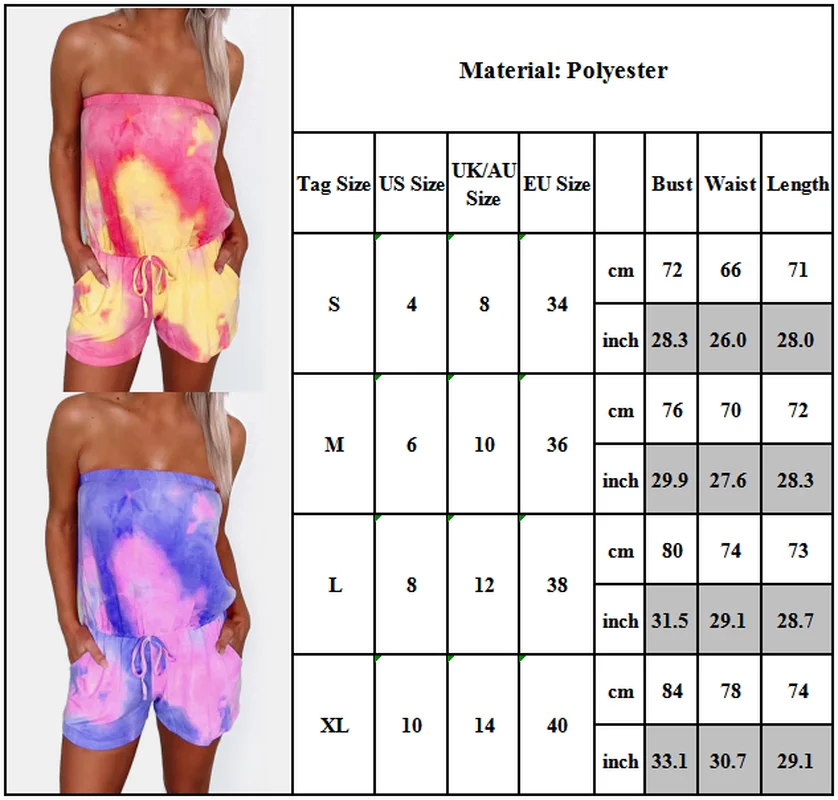 

Women Tie Dye Romper Bandeau Jumpsuit Casual Beach Holiday Shorts Mini Playsuit