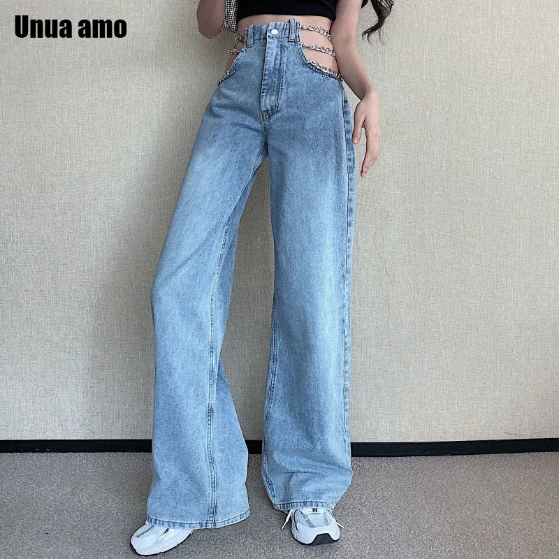 Unua amo Punk Metal Chain Hollow Out Jeans Woman Streetwear Fashion Baggy Wide Leg High Waist Summer Denim Pants For Women
