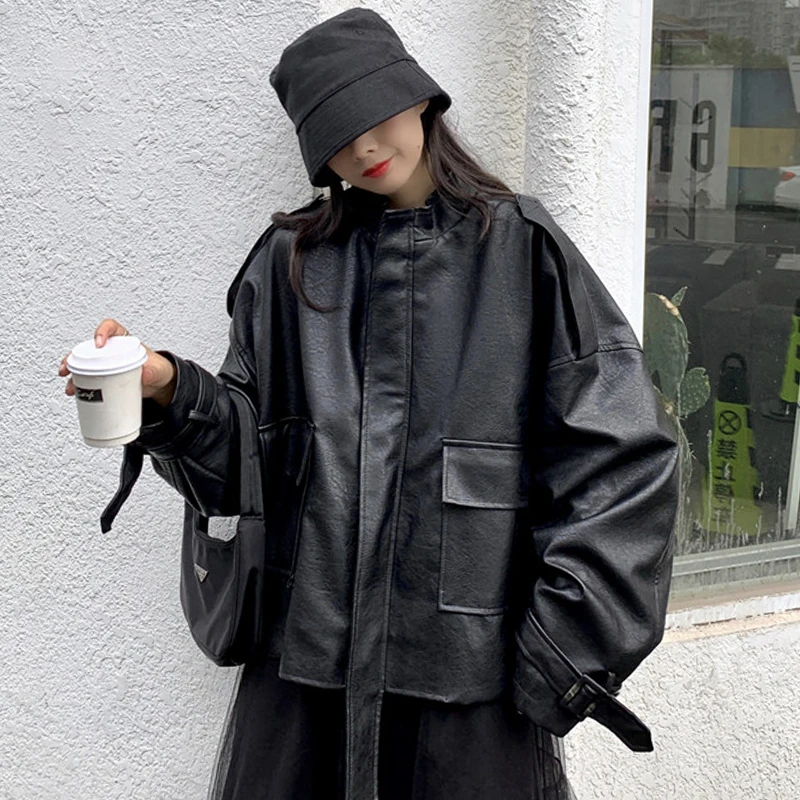 [LANMREM] Autumn And Winter New Products Fashion Retro Long Sleeve Loose Motorcycle Leather Jacket Female PA522
