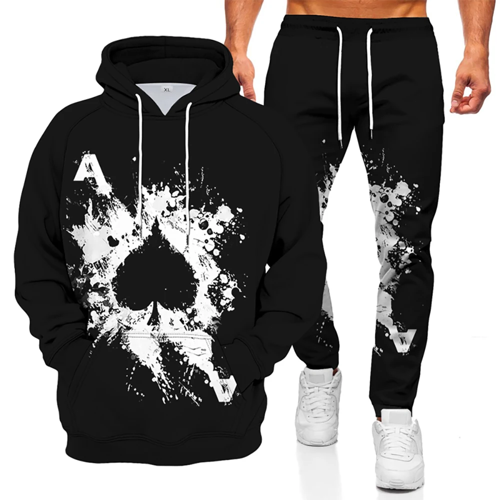 2021 new spring and autumn men's playing cards 3D printing 2-piece sportswear hooded sweater + pants suit casual men's suit