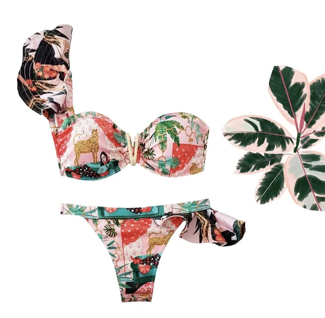 

OMCHION Sexy Bikinis 2021 Ruffle One Shoulder Swimwear Women Swimsuit Bandage Bathing Suits Beach Wear Biquini Female LYC87