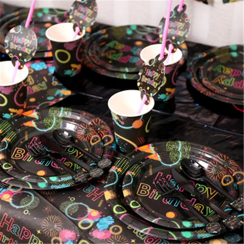 

New Happy Birthday Party Decoration Disposable Tableware Set Paper Plate Cups Knife Fork Napkins Kids Birthday Party Supplies