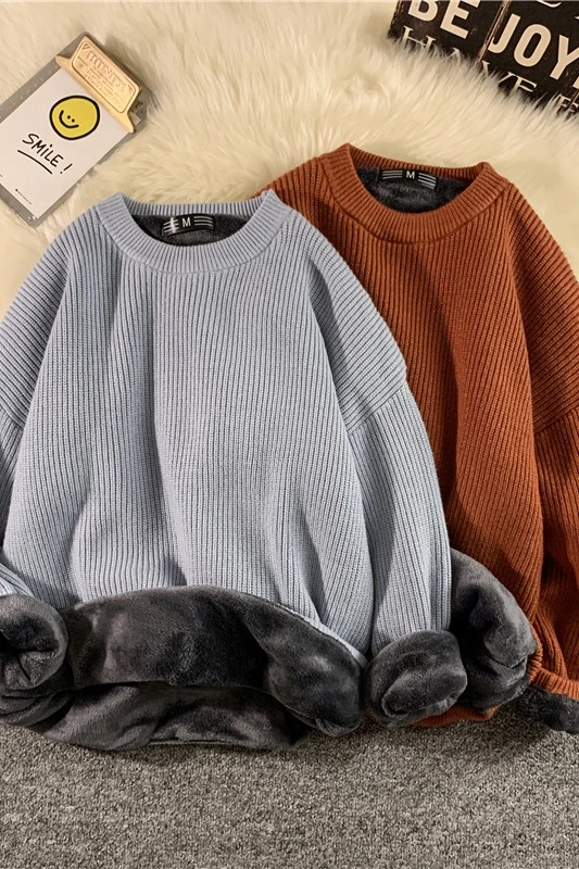 

Velvet sweater men's winter korean style thick warm loose lazy hong kong style versatile round neck sweater