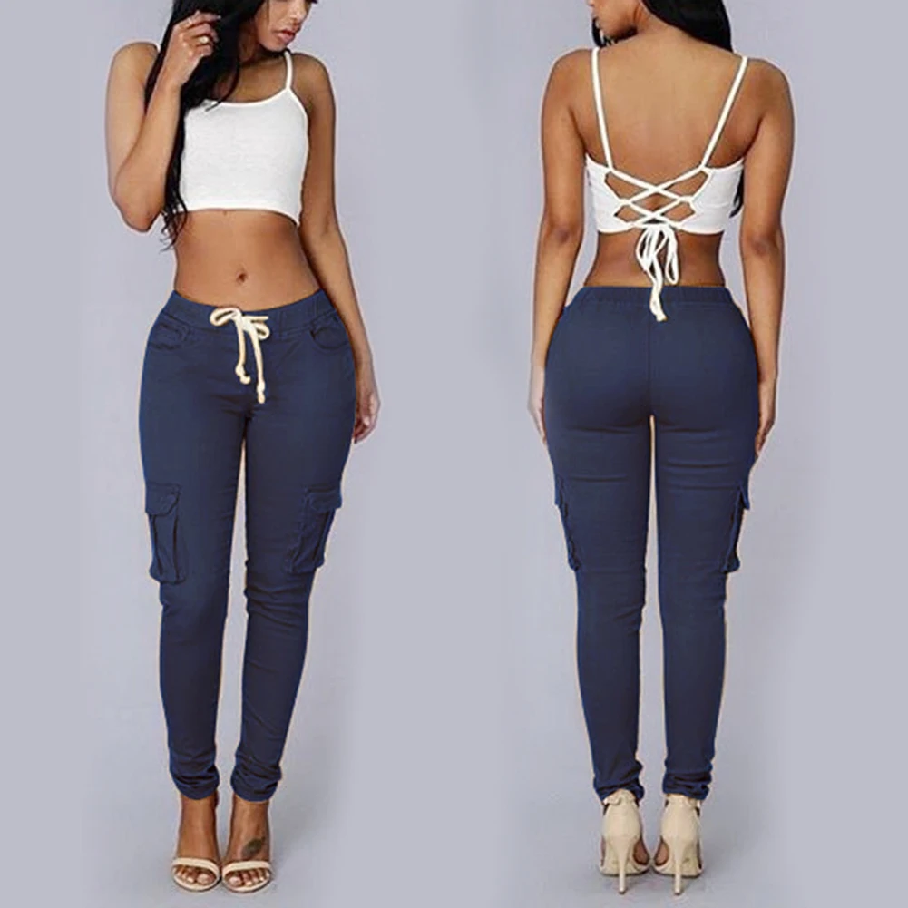 

Casual Women Solid Color Skinny Cargo Pants Pockets Drawstring Joggers Trousers