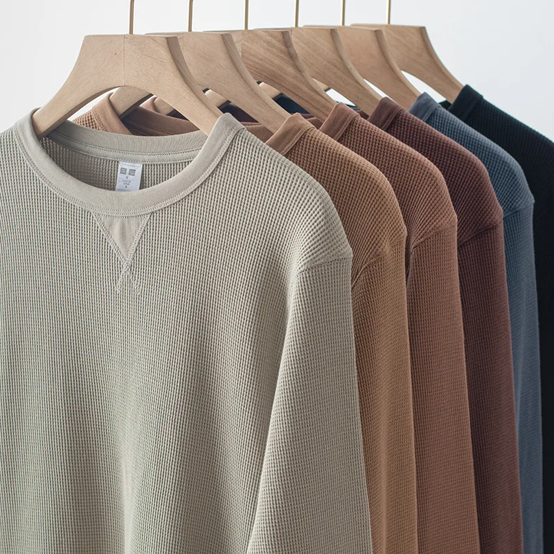 

Hf3104 Classic Waffle Long Sleeve Men's Pullover Heavyweight High Quality Cotton Comfortable Soft All-Match Casual Male T-Shirts