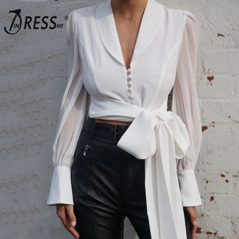 

INDRESSME 2019 New Women Solid Office Lady Long Mesh Sleeve V Neck Shirt With Lace Up Bow White Sexy Casual Lady Top INS