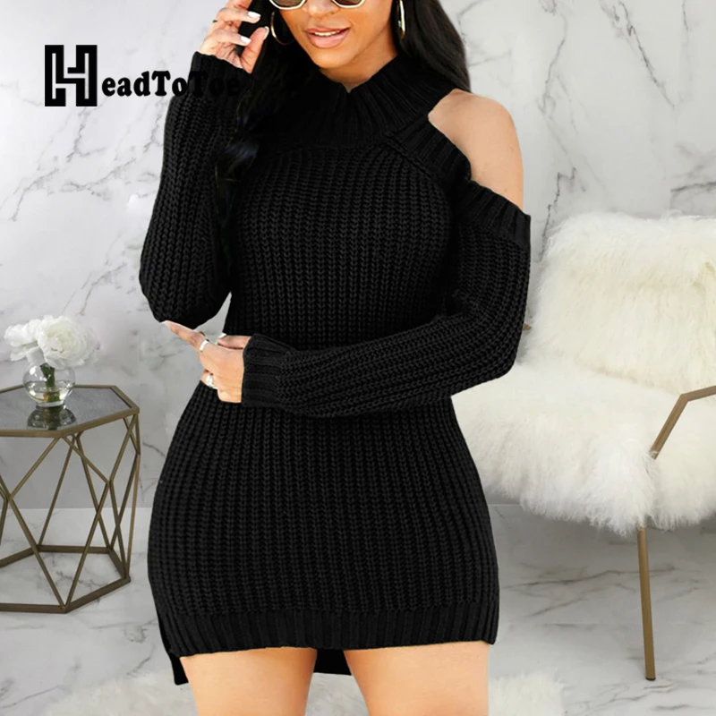 

Solid Casual Fashion Woman Dress Long Sleeve Off Shoulder Round Neck Above Knee Elastic Above Knee Woman Sweater Dress
