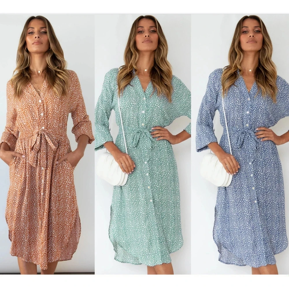 Женское платье с леопардовым принтом Повседневное длинным рукавом разрезом в