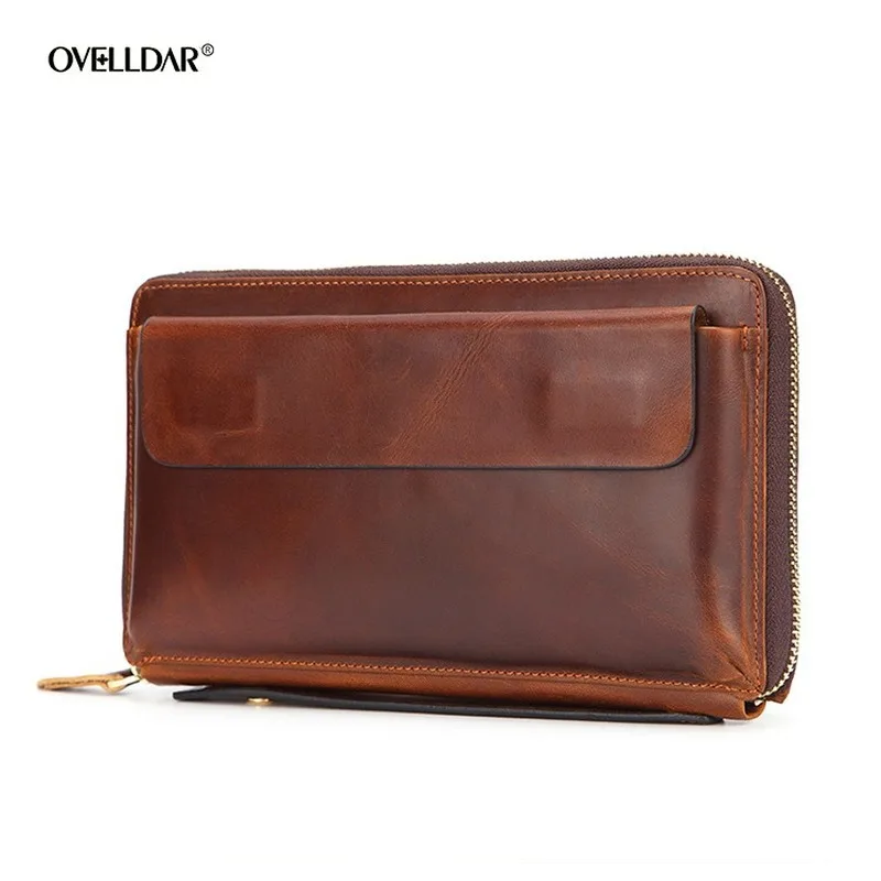 Men's Genuine Leather Long Wallest Vintage Clutch Large Capacity Zipper Wallet Card Holder Phone Bag for Male Clutch