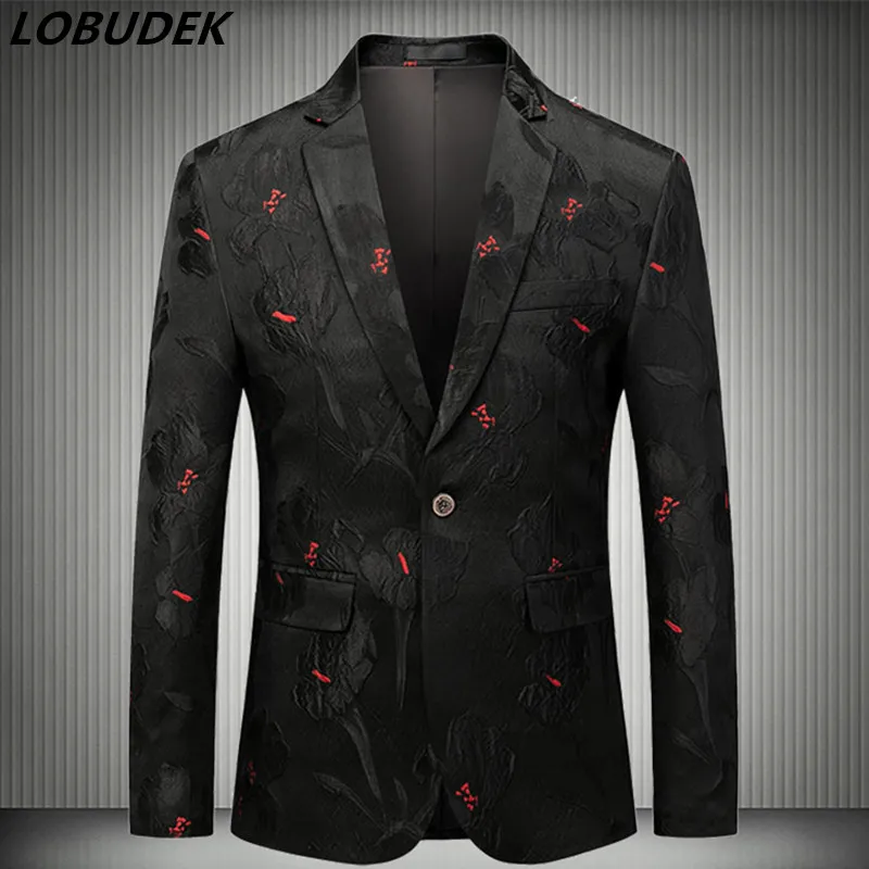 

M-6XL Men Single Button Stylish Suit Jacket High Quality Black Red Jacquard Blazer Prom Singer Host Fashion Slim Fit Blazers