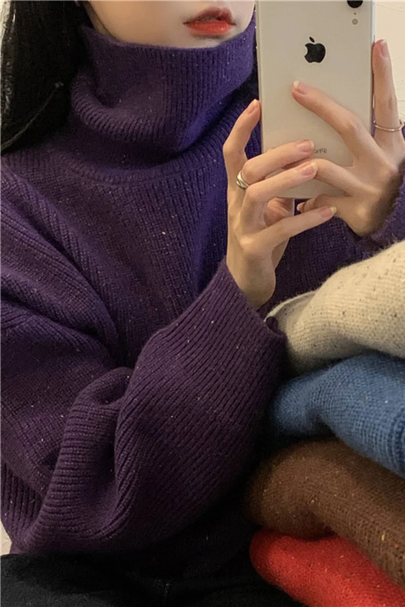 

Winter New Korean Style Loose All-Matching High Collar Short Section Knitted Long Sleeve Sweater Women