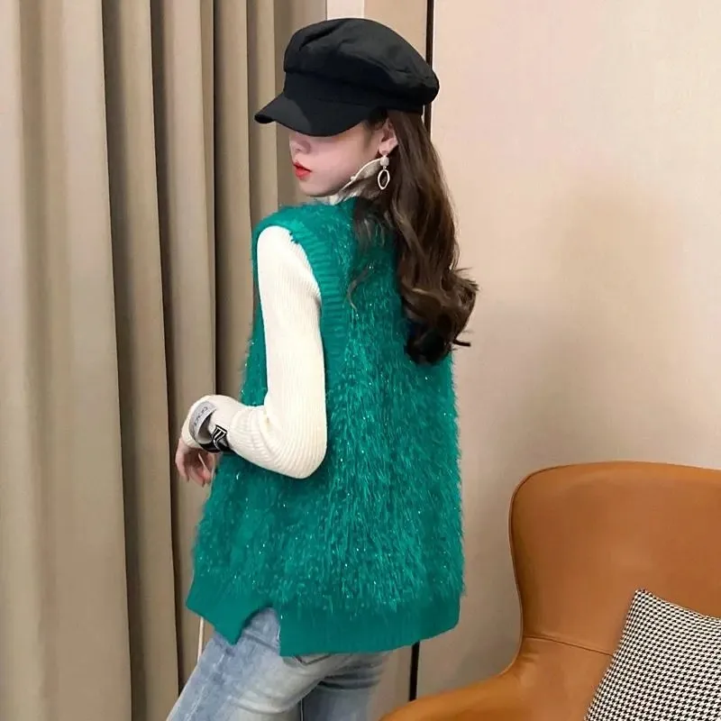 

Women Vest Sweater Fashion Knitted Sweater Loose Vintage Female Waistcoat Chic Oversize Sweater Tops Women Clothes 2021 New