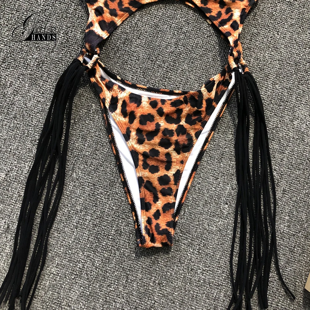 Женский купальный костюм с кисточками FDBRO вырезами и леопардовым принтом новинка