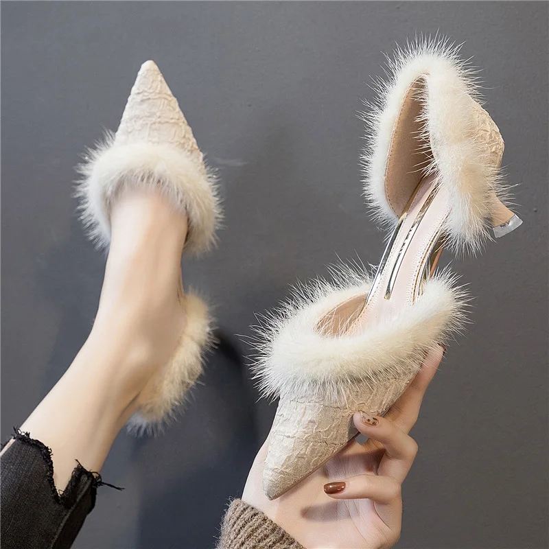

Sweet Work Female Pumps Furry Solid Pointed Toe Casual Spring/Autumn 4cm High Heels Ladies Office & Career Women Wedding Shoes