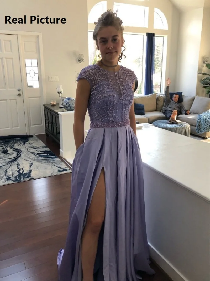 Lilac Long Prom Dresses 2020 with Slit Lace Beaded Cap Sleeve Satin Evening Formal Dress Plus Size Party Gowns Vestido De Festa | Свадьбы и