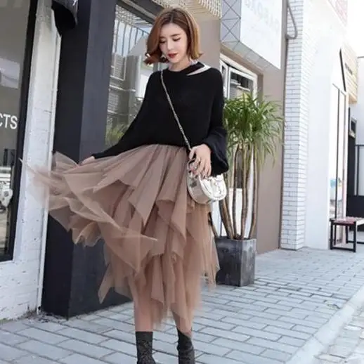 Эластичная длинная Тюлевая юбка с высокой талией Женская юбка-пачка неровным