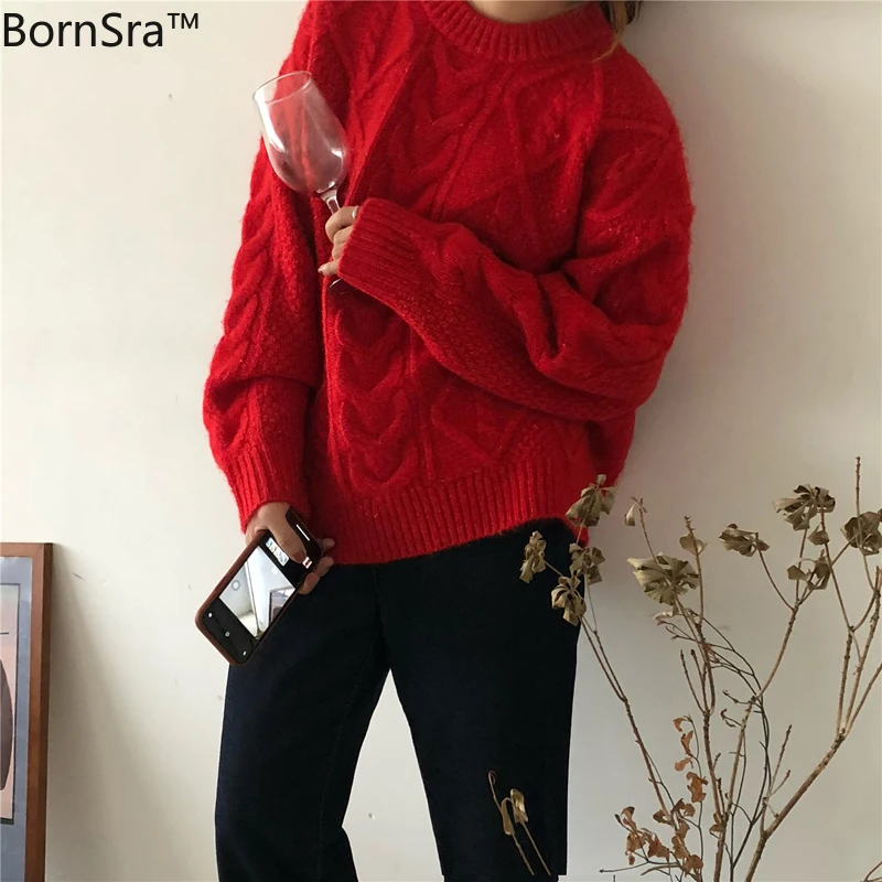 

Bornsra Chic Women Fashion Retro O-Neck Thick Knitwear Sweater Elegant Loose Casual Warm 2020 Solid Soft Korean Pullovers