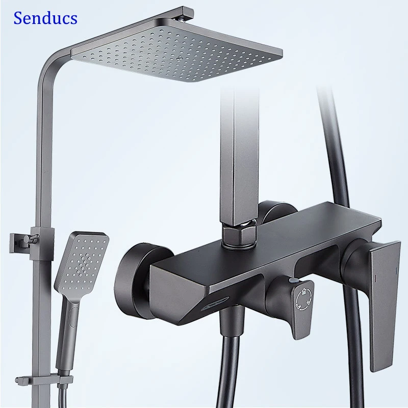 

Brass Bathroom Shower Faucet Liftable Stainless Steel Bar Hot and Cold Bathroom Shower Set Square Head Bathroom Shower System