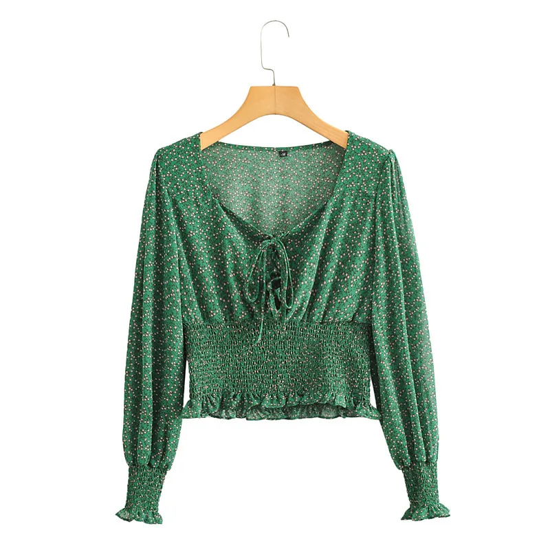 

Vintage chic women green floral printed bohemian blouse shirts ladies lantern sleeve tie chiffon sexy tops boho shirts