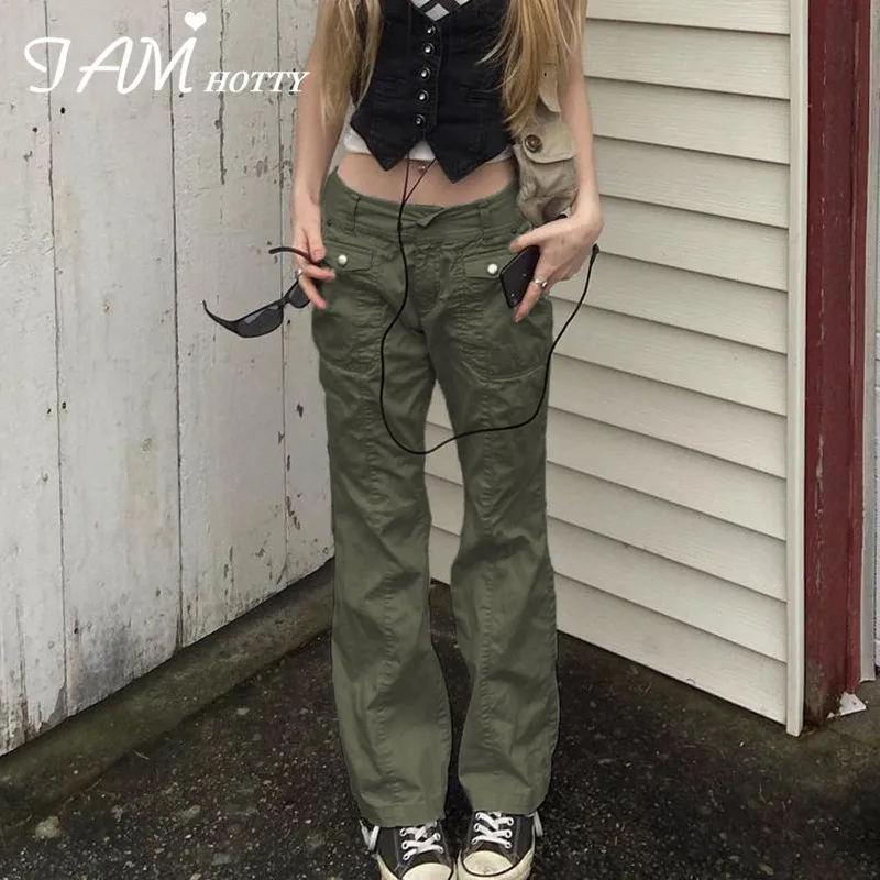 

IAMHOTTY Vintage Low Waist Cargo Pants Women Loose Jogger Sweatpants Casual Wide Leg Straight Trousers Y2K Green Baggy Outfit